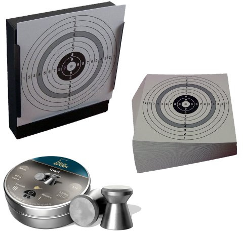 Kugelfang/Scheibenkasten + 500 HN Sport Luftgewehr Diabolos Kal. 4,5 mm Diabolo + 125 ShoXx.® Shoot-Club Zielscheiben 14x14 cm mit zusätzlichen grauen Ring und 250 g/m²