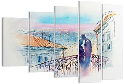 Moderne Impression sur Toile 150x100cm Image Tableau Decoration Murale Couple Amour Ville Pont Tableaux Decoratifs Muraux Chambre Triptyque 5 parties Deco Décoration Salon Art Wall EG150x100-2998