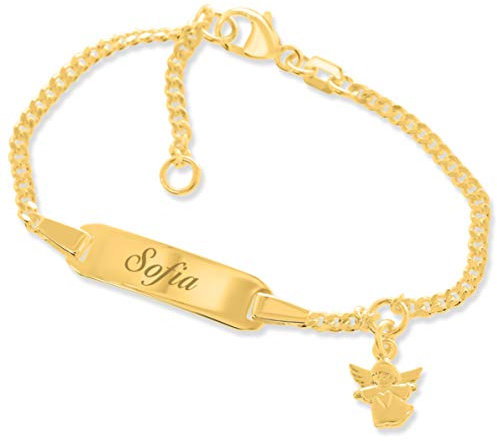 Baby ID Armband mit Engel Taufarmband Gravur Babyarmband 925 Silber vergoldet Taufschmuck mit Namen kurz 12cm 14cm Gold personalisiert