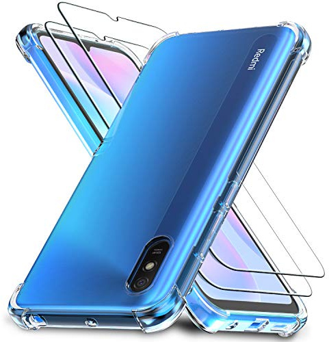 Ferilinso Fundas Transparente para Xiaomi Redmi 9A/9AT con 2 Piezas Protector de Pantalla, Película de Cristal Templado