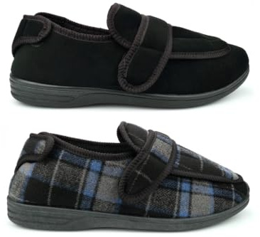 Mens Wide Fit Slippers Mens Extra Large Slippers Wide Open Slipper Size 13 Slipper Size 14 Touch Fastening Black/Check