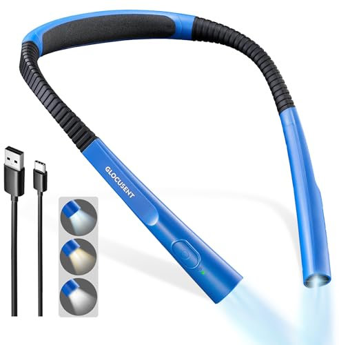 Glocusent Leselampe Hals, Buchlampe Bett mit 3 Farben & 3 Helligkeiten, 80h Dauer Aufladbare Halslampe, 30-Min Timer, Ergonomisch Leselicht für Lesen, Stricken, Reparieren, Häkeln, Handarbeit