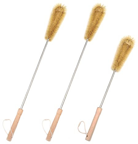 UPTALY 3 pcs Extra Long Brushes with Beech Wood Handle(24''/24''/19''), Bristle Brush with Extended Handle, Brush with Stainless Steel Pole, for Tall Bottle, Gallon Water Jug, Big Vessels