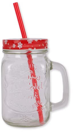 FabFinds Mason Jars with Lids and Straws Christmas Character Mason Jars with Handles (Red Santa)