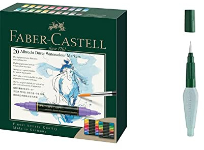 Faber-Castell 160320 Aquarellmarker Albrecht Dürer mit Doppelspitze für flächigen und präzisen Farbauftrag, 20er Etui, bunt & 185105 - Art & Graphic Wassertankpinsel, 1 Stück, medium brush