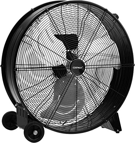 COSTWAY 24 Inch Large Industrial Drum Fan, 3-Speed High-Velocity Floor Fan with Built-in Wheels & Handle, Metal Air Circulator Cooling Fan for Home Commercial Warehouse Workshop (Black)
