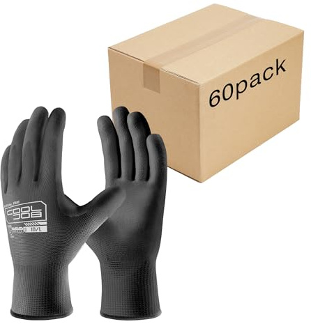 COOLJOB 60 Pairs Safety Work Gloves Pack Bulk with Grip PU Coating, 13 Gauge Seamless Knit Gloves with Polyurethane Dipped for Warehouse Working, Breathable Lightweight for Men Women, Black Large