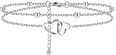 JeryWe Femmes Bracelet de Cheville Acier Inoxydable Chaine de Cheville Infini Coeur Croix Couche Cheville Bracelet Perles Chaîne Réglables Pied Bijoux de Plage pour Filles 2 Coeur