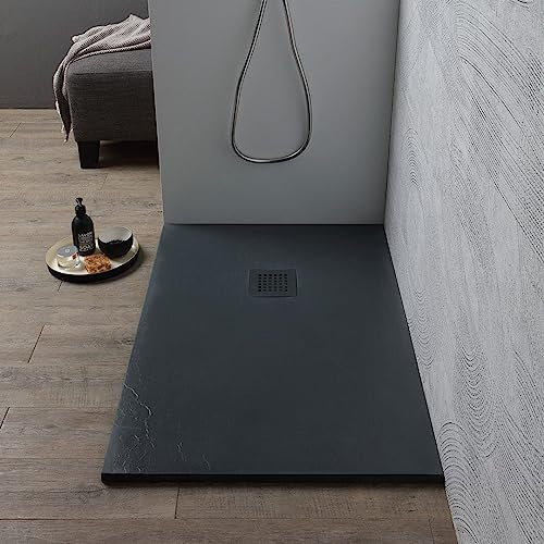 Kiamami Valentina - Il Piatto Doccia Muse in Resina | Antibatterico e Antiscivolo | Effetto Pietra | Tagliabile | Installazione Filo Pavimento | 90x70CM, Grigio Antracite
