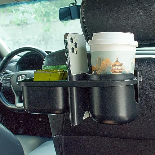 JSCARLIFE Car Headrest Organizer - 3 in 1 Universal Car Tray with Cup Holder, Non-Slip Grip Clip for Kids & Adults