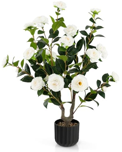 COSTWAY 95cm/3ft Artificial Camellia Tree, 1/2 PCS Faux Blooming Camellia Plant with 24/48 Flowers & Rain-Flower Pebbles, Fake Floral Plants in Cement Pots for Home Office Decor (1, White)