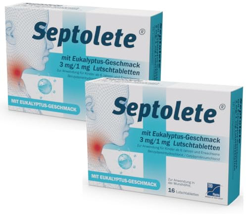 Septolete mit Eukalyptus-Geschmack 3 mg / 1 mg Lutschtabletten: Gegen Halsschmerzen bei Infektionen im Mund- und Rachenraum wie Pharyngitis, 2x16 Lutschtabletten