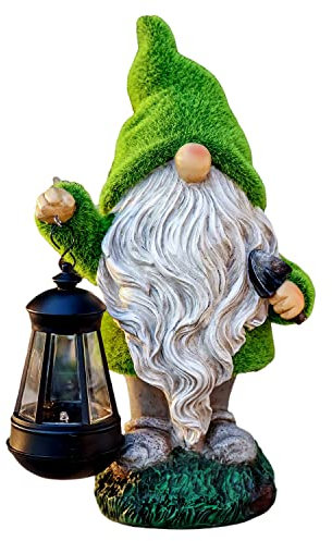 TERESA'S COLLECTIONS Lustig Gartenzwerge Gartendeko für Draußen Wetterfest Figur mit LED Solarlaterne Zwerg Gartenfiguren aus Kunstharz Gartenwichtel Gartendeko (Grün, M)