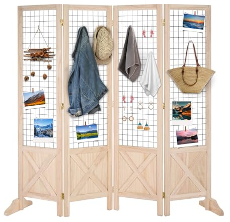 VINGLI Room Divider Freestanding Gridwall, 4 Panel Folding Display Board Organizer with Base Feet, Decorative Wooden Frame Wire Grid Screens for Craft Shows Events Retail (Natural, 5.5'×6')