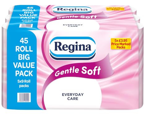 Regina Gentle Soft Toilet Tissue - 45 Rolls of 3 Ply Toilet Paper, 160 Sheets, Soft and Gentle, 30% PCR Plastic Packaging, FSC Certificated