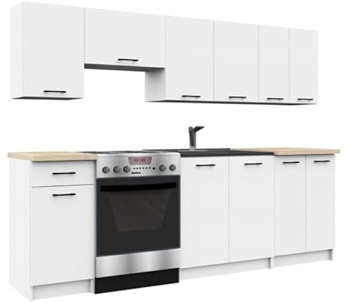 BDW - Cucina completa - Set di mobili da cucina senza elettrodomestici - Mini cucina larga 240 cm - 240x203x46 cm - Mobili da cucina bianchi