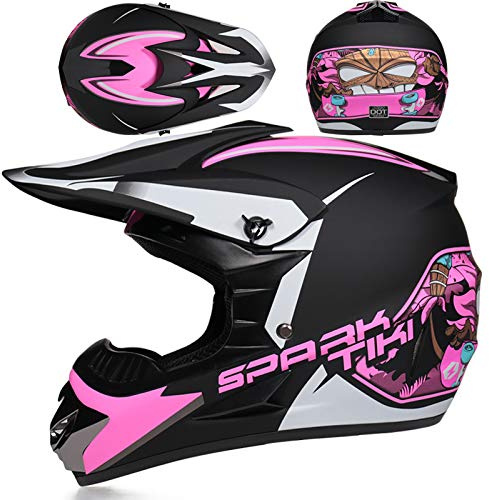 SMTSEC Motorradhelm Cross Damen Herren Full Face MTB Helm Motocross Helm DOT/ECE-Zertifizierter Mit Schutzbrillen Maske Handschuhe Downhill Helm Mopedhelm Schutzhelm Für Cruiser Chopper,Pink/C-M