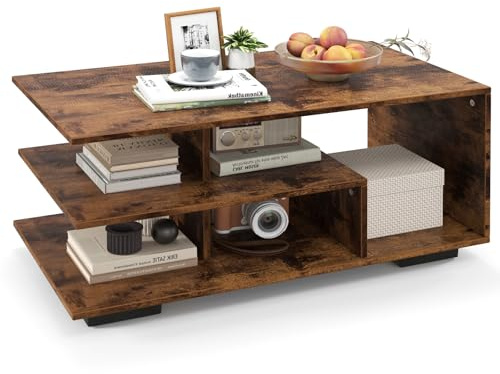 LIFEZEAL Couchtisch, Wohnzimmertisch mit 3 Ablagen, Sofatisch Holz mit 5 Fächern, Moderner Teetisch für Wohnzimmer, Büro, 90 x 50 x 42 cm (Braun)