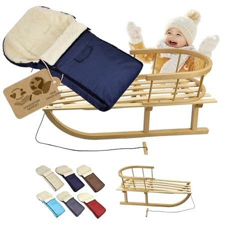 BambiniWelt KOMBI-ANGEBOT: Holzschlitten mit Rückenlehne & Zugseil + universaler Winterfußsack 90 cm- Lammwolle – warm, wasserabweisend, passend für Babyschale, Kinderwagen & Buggy (marine)