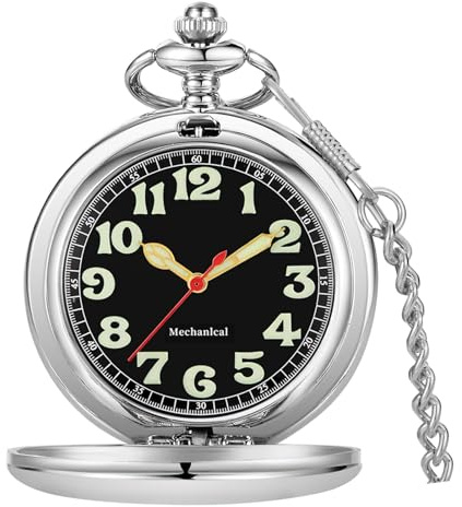 Tiong Herren Vintage Glatter Stahl Mechanische Taschenuhr mit Leuchtzifferblatt Mechanische Taschenuhren mit Kette für Männer