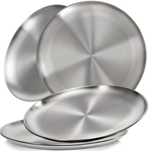 KHstylehoo 4-stück Rundes Edelstahl Teller, Φ20cm Camping Teller, Camping Geschirr, Picknick, Wandern, Küche, Party, Platzteller, Edelstahl