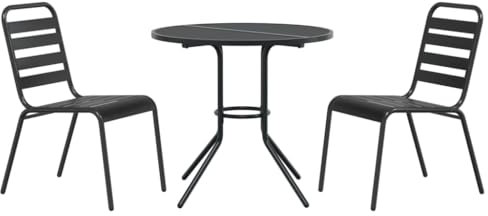 Gecheer Bistroset 3 teilig, Garten Sitzgruppe Metall, Gartentisch mit Stapelbar Stühle, Gartengarnitur, Balkonmöbel, Terassenmöbel, Pulverbeschichteter Stahl