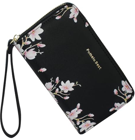 Pomelo Best Damen Geldbörse mit Blüten Muster – Stilvolles Portemonnaie mit Handschlaufe Reißverschluss RFID-Schutz Geldbeutel Geschenk für Frauen (Schwarz)