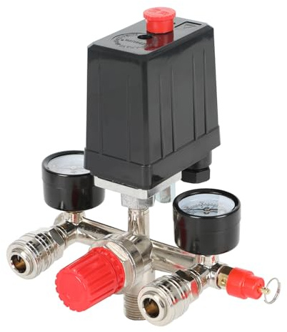 Interruptor de presión para compresor de aire, regulador de presión de 230 V con interruptor de presión, interruptor de válvula de presión con 2 indicadores de medición de 0 a 12 bar, rosca exterior
