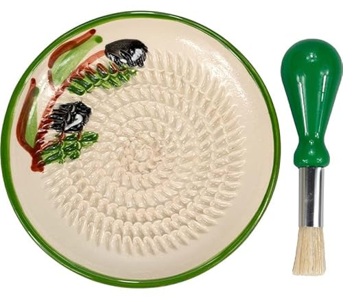 WIR24.TV Keramikreibe mit Küchenpinsel, Reibeteller Set, 2tlg. - Ideal für Ingwer, Curcuma, Knoblauch, Pamesan, Schokolade, Muskatnuss, Zitronenschale uvm. - Made in Spain (Oliven)