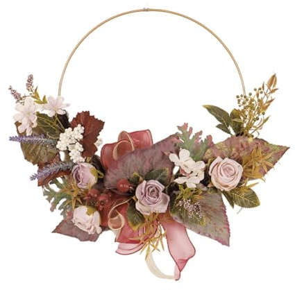 Türkranz Ganzjährig, 40 cm Metallring Türdeko Haustür, Blumenkranz Deko mit Rosen, Ahornblättern für Hochzeit Wohnzimmer Hochzeit