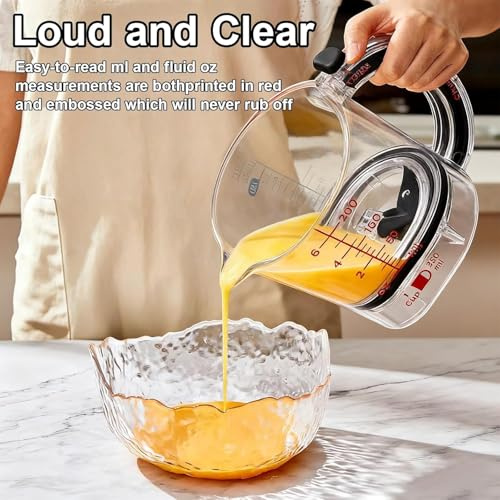 Verre doseur réglable 4 en 1, verre de 250 ml, tasse à mesurer transparente pour la préparation de la cuisson, tasses à mesurer en verre avec base surélevée, mesures faciles à lire, cuisine avec