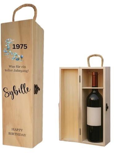 AWASG Weinbox Holz personalisiert Geburtstag, Geschenkbox Weinflasche mit Name, Geschenkkiste Holzbox Wein, Weingeschenk Flaschenbox (1 Flasche Happy Birthday Jahrgang)