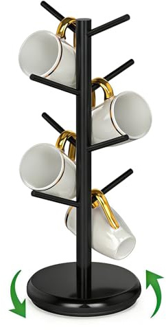 CHUNGG Wooden Mug Tree 6&8 Cups, Cup Holder for Storage, New Home Essentials or Coffee Station, Kitchen Accessories, 360 Lazy Susan Turntable Base, Funny Gifts for Friends (Black)