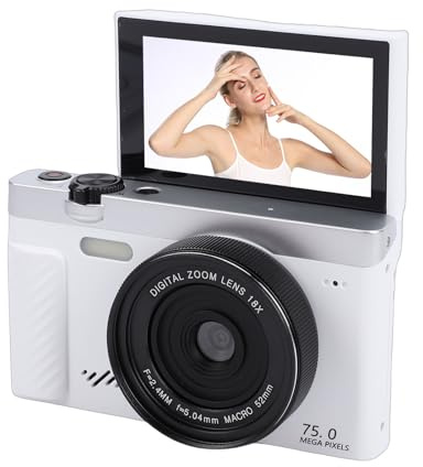 Fabater Cámara Digital, Cámara sin Espejo WiFi 4K 75MP con Pantalla Abatible de 3 Pulgadas y Zoom de 18X, Cámaras de Viaje Compactas para Fotografía de Retratos de Paisajes y Vlogging (White)