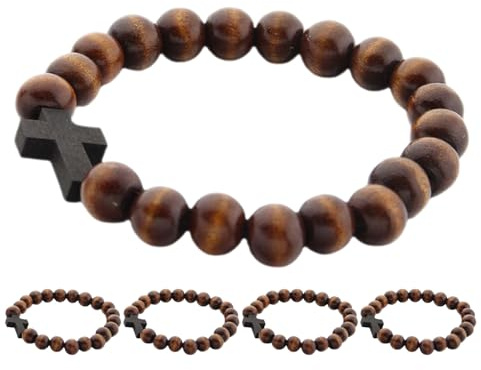 DEARMAMY Pulsera de Cruz de Cuentas de Madera Artesanal Marrón 5 Unidades Pulsera Religiosa Cristiana Elástica para Mujer y Hombre Joyería de Oración Católica para Bautizo y Obsequio de
