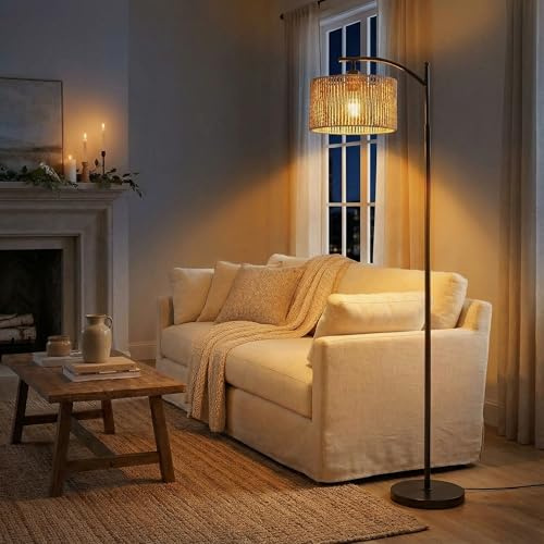 Fullwatt Stehlampe Wohnzimmer, Rattan Stehlampe mit Fernbedienung | LED Stehleuchte mit E27 Dimmbare Boho Standleuchte mit Fußschalter 2700K für Schlafzimmer Büro Schwarz mit Glühbirne 159 cm