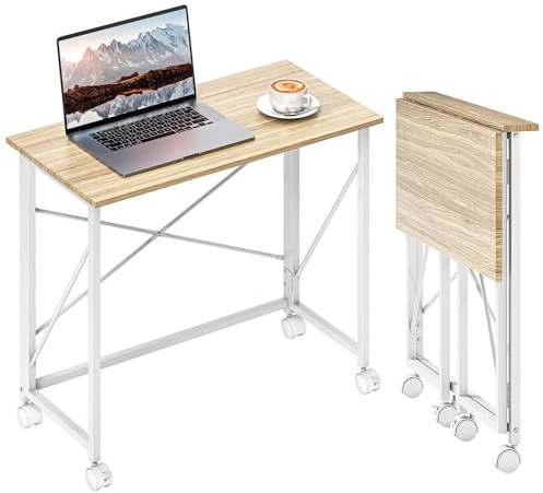 HOMCOM Scrivania Salvaspazio Pieghevole, 80x40x75 cm Scrivania Piccola Portatile con Ruote a Freno, Tavolo Computer Richiudibile per Casa, Studio e Ufficio, Rovere
