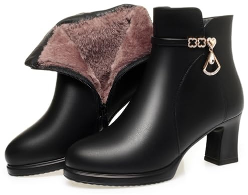 Lkvent stivali Stivaletti alla caviglia da donna con tacco medio, alla moda, con strass, fibbia decorativa, comodi, caldi, foderati in pelliccia, cerniera laterale Invernali(Svart,39)