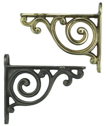 Pair of Small Ornate Bathroom Shelf Brackets with Victorian Scroll Design - Brass or Cast Iron 4 / 10cm (Pair of Brass Brackets)