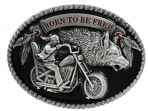 eeddoo® Gürtelschnalle - Born to be free - mit Wolf - Biker Buckle (für Wechselgürtel für Damen und Herren | USA Belt Frauen Männer Oldschool Metall Western Trucker Harley MC Outlaw Chapter Easy Rider