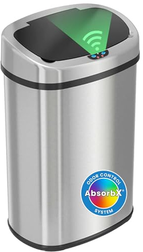 iTouchless 13 Gallon Oval Touchless Sensor Trash Can with Odor Filter, Fingerprint-Proof Stainless Steel, 50L Automatic Kitchen Garbage Bin, Smart Hands-Free Motion Lid, Quiet Soft-Close