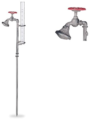 Relaxdays Regenmesser Wasserhahn, mit Erdspieß, rustikal, Niederschlagsmesser, 17 cm, 7 inch, aus Glas, Metall, grau