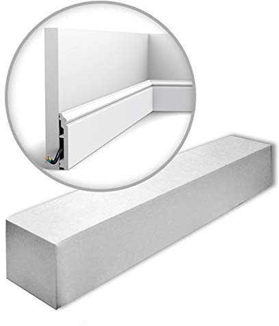 Orac Plinthes SX173-RAL9003-box 200 cm x 1,6 cm x 10 cm Polystyrène extrudé (HDPS) classique arrondi avec passage de câble prépeinte en blanc (RAL 9003) 20 moulures / 40 m