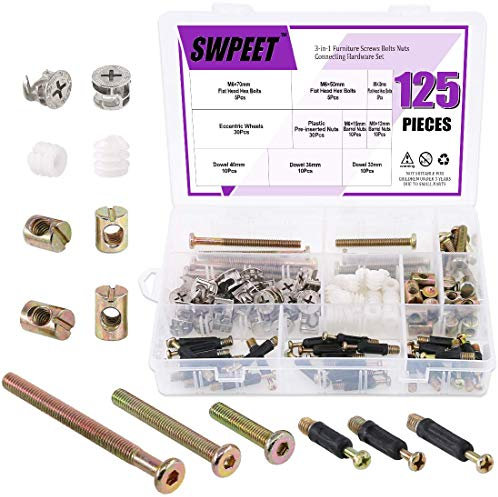 125Pcs 3 in 1 Furniture Crib Hardware Screws Connecting Fittings Kit, Cam Fitting with Dowel 3-in-1 Hardware Connectors Furniture Side Connecting Pre-Inserted Nut Screw Eccentric Wheel