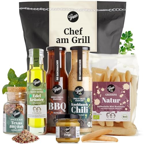 Gepp's Feinkost Chef am Grill Geschenkkorb I Köstliches Grill-Geschenk | Mit Grillsaucen, Feigen Senf, Edel Kräuter Öl, BBQ Rub Gewürz & Grissini I Geschenkidee für Männer