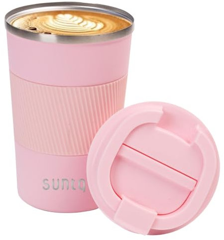 SUNTQ Reusable Coffee Cups Travel - Coffee Travel Mug with Leakproof Lid - Thermal Mug Insulated Cup - Stainless Steel Travel Cup with Rubber Grip - for Hot and Cold Drinks, 13oz/380ml Pink