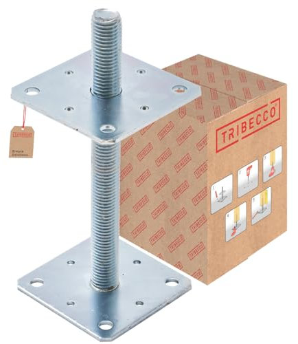 TRIBECCO Pfostenträger Vertikal Verstellbarer (110 x 110 x 250 / Gewinde M 24) Stützenfuß Höhenverstellbar Verzinkt Bodenfuß Betonfuß Zum Aufschrauben Regulierbar