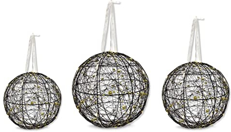DARO DEKO Lichter-Kugel mit LED aus Draht und Perlenkette schwarz Gold 3er Set Dekokugel Weihnachtsdeko