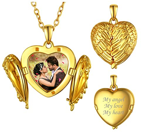 FindChic Herz Medaillon zum Öffnen für Bilder, Sonnenblumen Foto Anhänger Frauen Personalisierte Halskette mit Gravur Locket Necklace, Gold, 45+5cm, Geschenke für Weihnachten Geburtstag