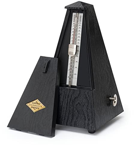 Steinmayer M-03G Metronom mit Glocke - Mechanischer Taktgeber in Pyramidenform - 40-208 Schläge pro Minute - 4 Taktarten - Robustes Kunststoffgehäuse - Schwarz mit Holzmaserung